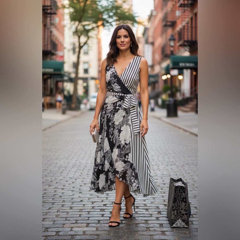 INC Women's Black Floral Stripe Printed Ruffle-trim Maxi Dress - Picture 9 of 9